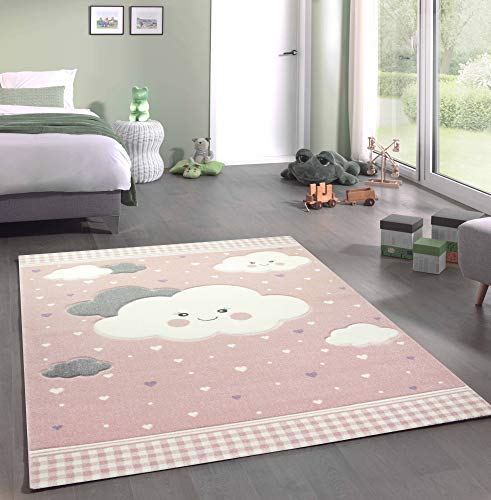 Merinos Kinderteppich Spielteppich mit Wolken in Rosa Größe 140x200 cm