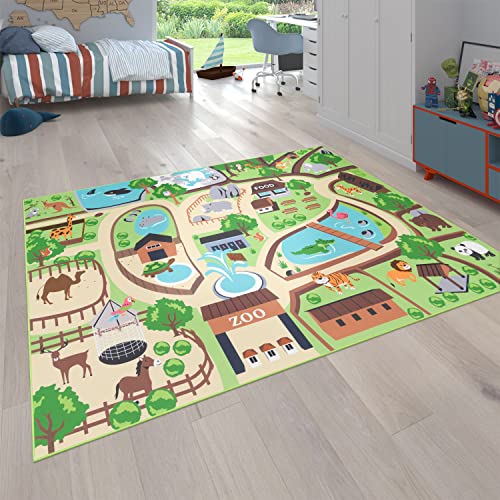 Paco Home Kinder-Teppich Für Kinderzimmer, Spiel-Teppich, Zoo Mit Tiger, Bär, Löwe, rutschfest...