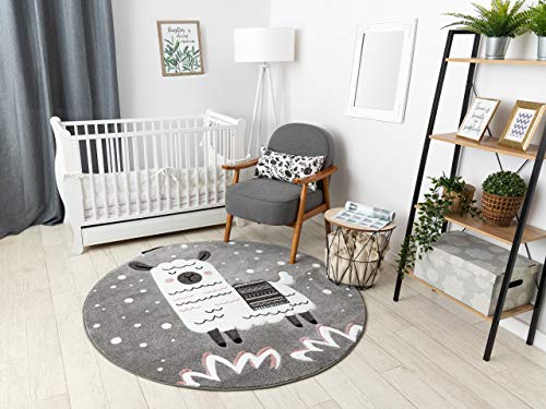 rugsx Kinderteppich Petit für Babyzimmer, Spielteppiche, Kinderzimmer, Lama grau Kreis 120 cm