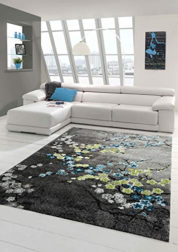 Designer Teppich Moderner Teppich Wohnzimmer Teppich Blumenmotiv Grau Türkis Grün Weiss Größe 200 x 290 cm