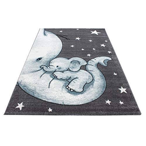 Kinderteppich Elefant Sterne Muster Kinderzimmer Babyzimmer Spielzimmer Teppich Rechteck Rund Grau Blau Weiß, Grösse:120 cm Rund