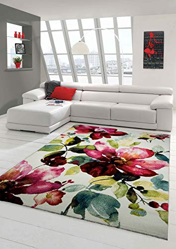 Designer Teppich Moderner Teppich Wohnzimmer Teppich Blumenmotiv Creme Grün Türkis Rosa Pink Größe 80x150 cm
