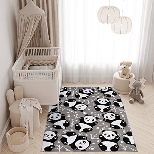 TAPISO Pinky Teppich Kurzflor Grau Schwarz Weiß Modern Panda Bär Teddy Design Kinderzimmer Kinderteppich Spielteppich ÖKOTEX 200 x 300 cm