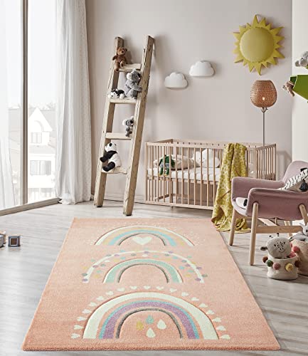 the carpet Monde Kids Moderner Weicher Kinderteppich, Weicher Flor, Pflegeleicht, Farbecht, Lebendige Farben, Regenbogen Muster, Rosa, 120 x 170 cm
