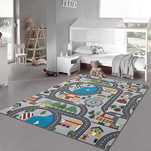 Teppich-Traum Kinder Spielteppich mit Stadtlandschaft auf Hintergrund in grau Größe 80x150 cm
