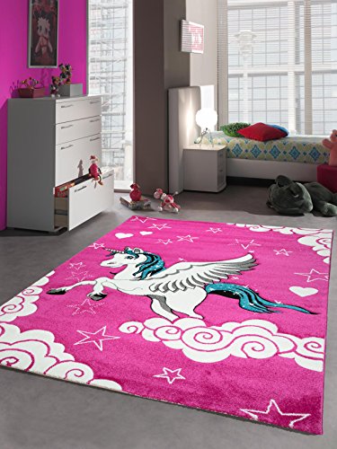 Kinderteppich Spielteppich Kinderzimmer Teppich Einhorn Design mit Konturenschnitt Pink Creme...