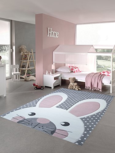 Kinderteppich Spielteppich Teppich Kinderzimmer Babyteppich Hase in Rosa Weiss Grau Größe 80x150 cm