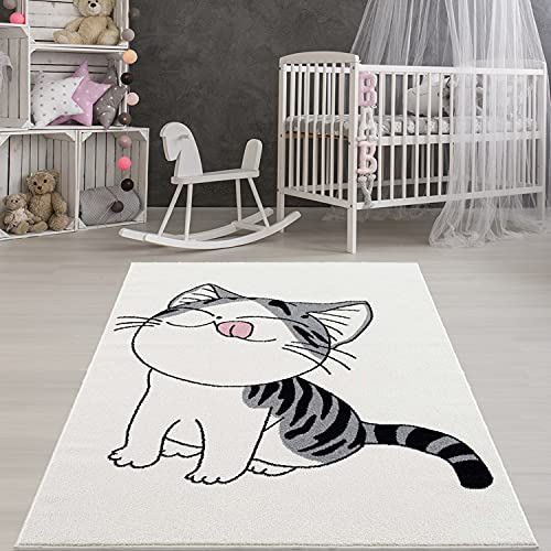 payé Teppich Kinderzimmer - Creme - 80x150cm - süße Katze Kurzflor - Spielteppich Kids für...