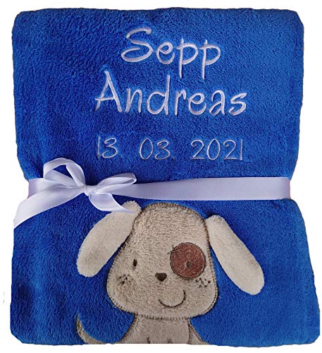Wuff-Dogsworld Babydecke viele Farben & Motive mit Namen/Geburtsdatum Bestickt Geschenk Baby...