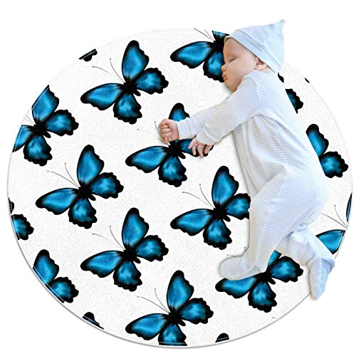Krabbelmatte Rund Blauer Schmetterling Kinderteppich Anti-Rutsch Baby Playmat Weiche Für Kinderzimmer 70x70cm
