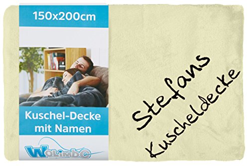 Wolimbo Kuscheldecke - 200 x 150cm - Creme - personalisierbar - Wohndecke mit Wunsch Name/Motiv - weiche Decke - bestickte Couchdecke - Schlafdecke