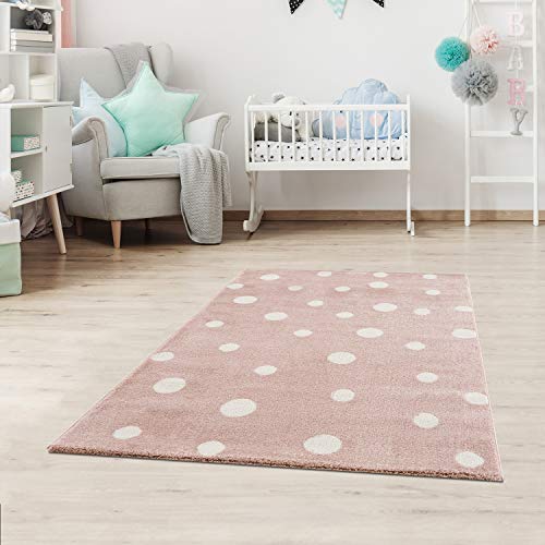 Jimri Kinderteppich DOTS l Pünktchen Gepunktet l Öko-Tex Siegel | Farbe: Beige Blau Rosa |...