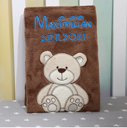 ★ Babydecke mit Namen und Datum Bestickt ★ Baby Geschenke ★ Geburt ★ (Braun - Teddybär)