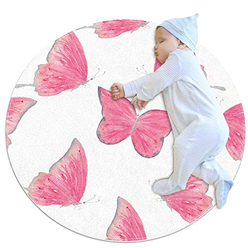 chuangxin Runder Kinderteppich mit Schmetterlings-Motiv, Weiß / Rot