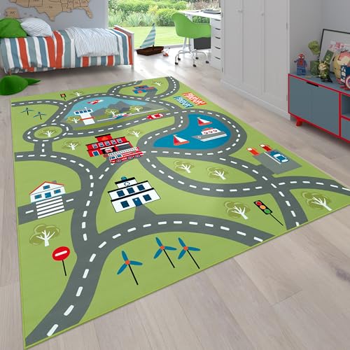 Paco Home Kinder-Teppich Für Kinderzimmer, Spiel-Teppich Mit Straßen-Motiv rutschfest In Grün,...