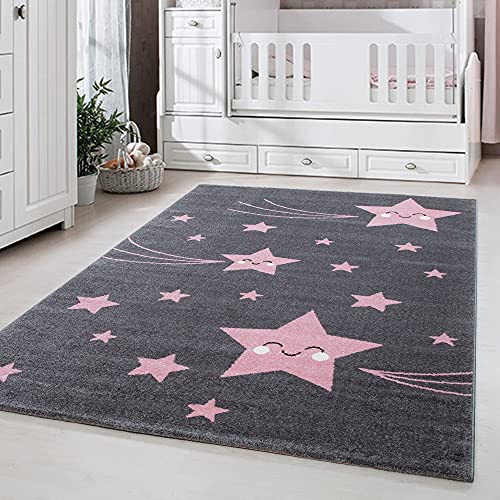 Carpetsale24 Kinderteppich süßes Stern Muster Grau und Pink 80 x 150 cm Läufer - Kurzflor Teppich...