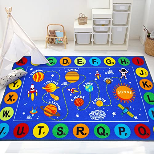 Capslpad Kinder Teppiche,Weltraum Planeten Spielteppich 160x100cm rutschfest Kinderteppich Spielmatte ABC Alphabet Lernbereich Teppich Pädagogischer Spielteppich für Kinderzimmer Spielzimmer,Blau