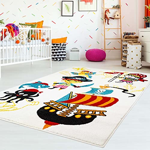 carpet city Kinderteppich Pirat Creme/Bunt - 190x280 cm - Piraten-Teppich Kinderzimmer - Tier-Motive Spielteppich - Kinderzimmerteppiche Modern - Schadstoffgeprüft
