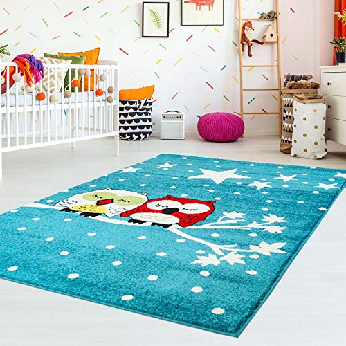 carpet city Kinderteppich Flachflor Moda Kids mit Eulen Sternen Himmel Blau Türkis für Kinderzimmer; Größe: 190x280 cm