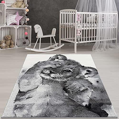payé Teppich Kinderzimmer - Grau - 120x160cm - Löwe - Kurzflor Teenagerteppich - Schlafzimmer-Teppich- Wohnzimmerteppich - Deko Mädchen Junge Baby