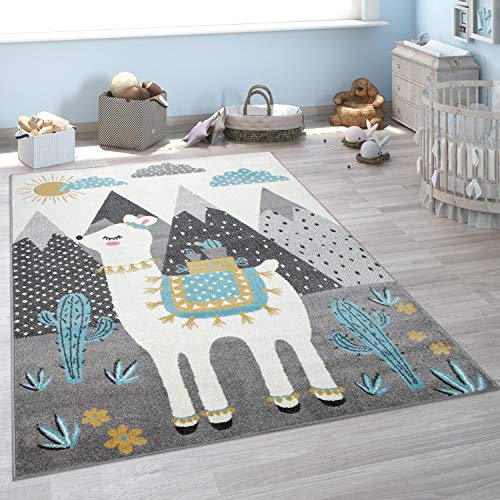 Paco Home Kinderteppich, Teppich Kinderzimmer Lama Berge Kinder-Motiv, Grau Türkis Gelb,...