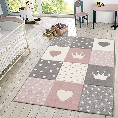 TT Home Kinderteppich Teppich Kinderzimmer Mädchen Kinder 3D Prinzessin Sterne Krone, Farbe: Grau...
