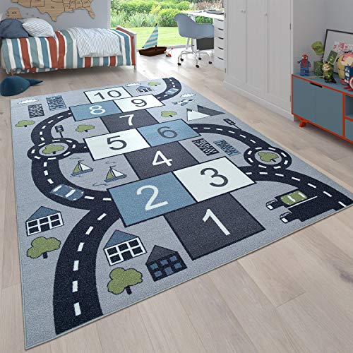 Paco Home Kinder-Teppich Für Kinderzimmer, Spiel-Teppich Mit Hüpfkästchen und Straßen, Grau, Grösse:120x160 cm