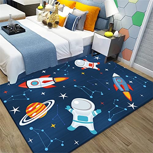 Kinderteppich Universe Planet Astronaut 3D Wohnzimmerteppich Rutschfest Blau Schwarz Raumschiff Rakete Teppiche Jungen und Mädchen Spielteppich Kinderzimmer Teppich Waschbar (Farbe5,80 x 160 cm)