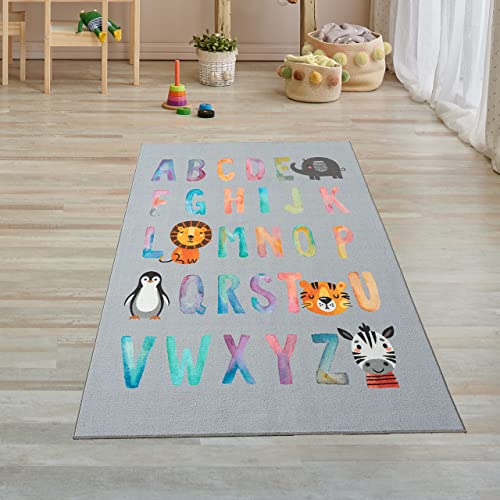 Teppich-Traum Spiel-Kinderteppich Buchstaben Alphabet in bunten Farben auf Hintergrund in grau,...