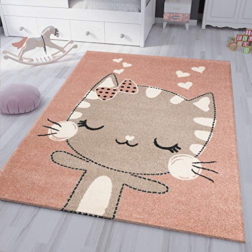 VIMODA Kinderteppich Babyteppich Flauschig Weich Altrosa Beige Weiß fröhliches Kätzchen Katze,...