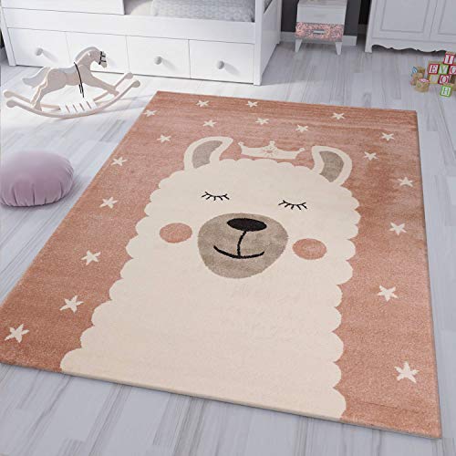 VIMODA Kinderteppich Teppich Lama König Sterne Spielzimmer Kinderzimmer Babyzimmer Pink Creme...