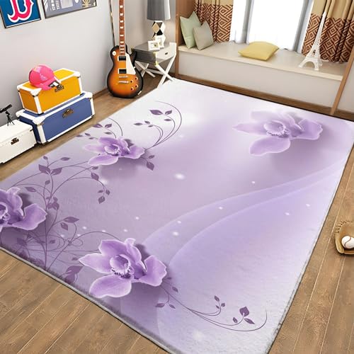 Lila Teppiche Gegend Lila Orchidee Teppich Wohnzimmer 60 x 90cm Waschbarer Teppich Kurzflor Teppich...