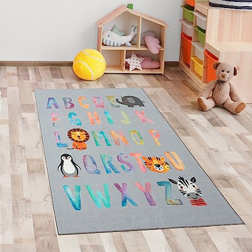 CARPETIA ABC-Lernteppich für Kinder • Bunte Tiermotive Spielspaß Löwe & Pinguin • grau, 80 x...