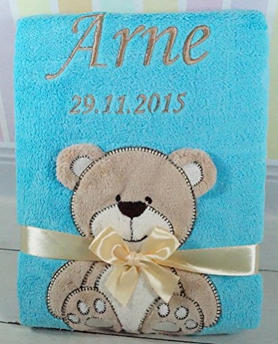 Babydecke mit Namen und Datum bestickt Baby Geschenke Geburt (Türkis - Teddybär)