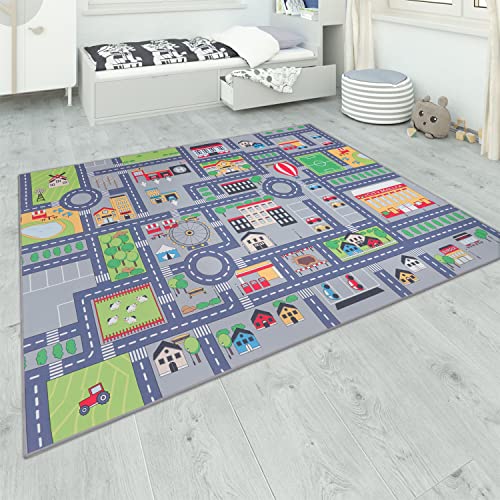 Paco Home Teppich Kinderzimmer Grau Kinderteppich Spielteppich Straßenteppich rutschfest Mädchen...