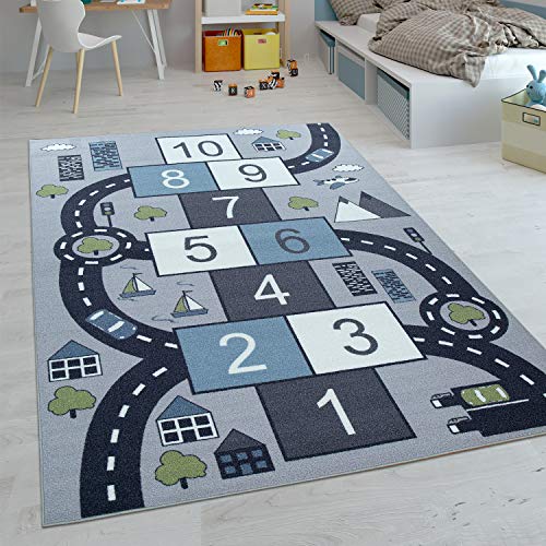 Paco Home Kinder-Teppiche, Kurzflor-Teppiche für Kinderzimmer mit vers. Designs Spielteppiche Bunt, Grösse:140x200 cm, Farbe:Grau