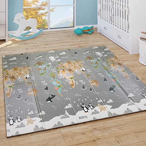 Paco Home Spielmatte Krabbelmatte Faltbar Wendbar Abwaschbar Tier Motiv Weltkarte Grau Beige,...