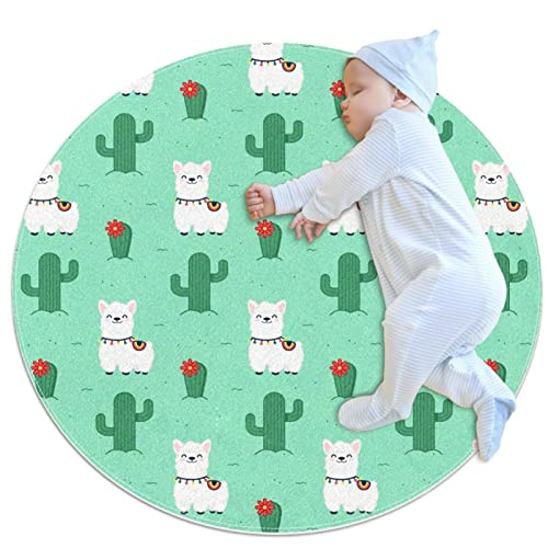 Niedliches Lama Alpaka Kindisch Ultraweiche Baumwolle Baby Kinderteppich Runder Teppich Kleinkind Spiel Spielmatte 100x100cm