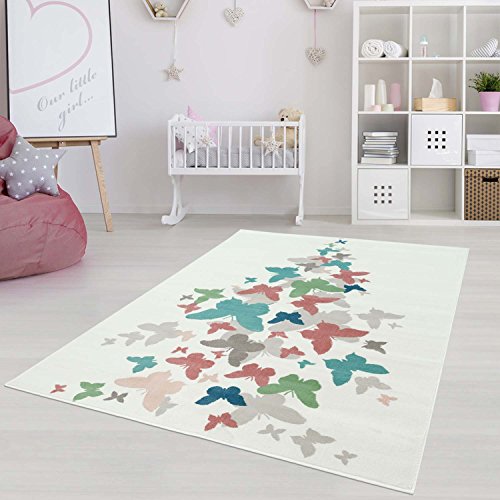 carpet city Kinderteppich Inspiration mit Schmetterlinge in Pastell Blau Rosa Grün Creme für Kinderzimmer; Größe: 200x290 cm