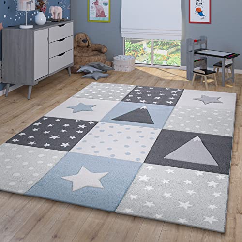 TT Home Teppich Kinderzimmer Kinderteppich Punkte Sterne Berge Kurzflor Pastell, Farbe: Grau Beige Blau, Größe:120x170 cm