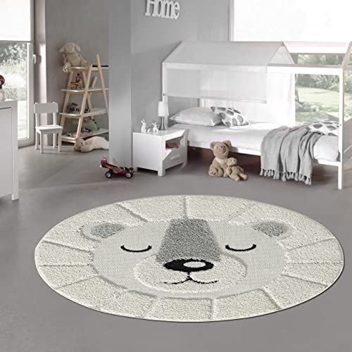 Teppich-Traum Runder Kinderteppich flauschig – schlafender Bär – in Creme, Größe 80 cm rund
