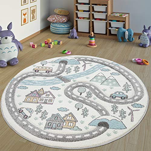 Kinderteppich Kinderzimmer Teppich Rund Kurzflor Straßen Design In Pastell Creme, Grösse:Ø 160 cm...