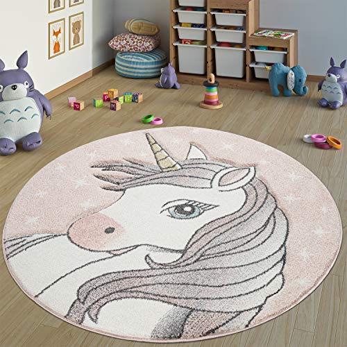 Paco Home Teppich Kinderzimmer Rund Kinderteppich Mädchen Einhorn Motiv, Modern In Pink, Grösse:Ø 120 cm Rund
