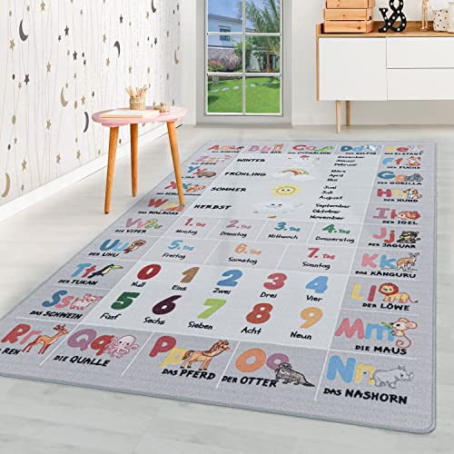 HomebyHome Kinderteppich Kurzflor Buchstaben Zahlen Design Kinderzimmer Babyzimmer Spielzimmer 8 mm...