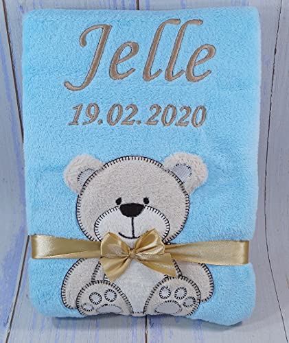 Babydecke mit Namen und Datum bestickt Baby Geschenke Geburt (Blau - Teddybär)