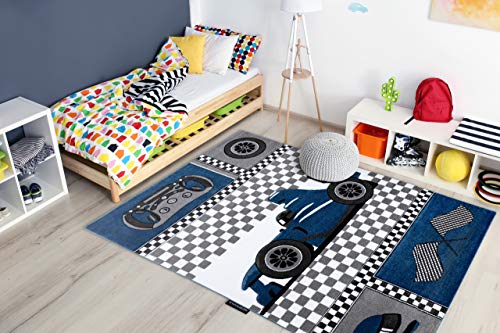 rugsx Kinderteppich Petit für Babyzimmer, Spielteppiche, Kinderzimmer, Race Formula 1 Bolid Auto blau 240x330 cm