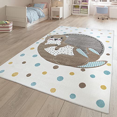 TT Home Teppich Kinderzimmer Kinderteppich Punkte Tiere Design Otter Motiv Kurzflor, Farbe: Grau Braun Creme, Größe:160x230 cm