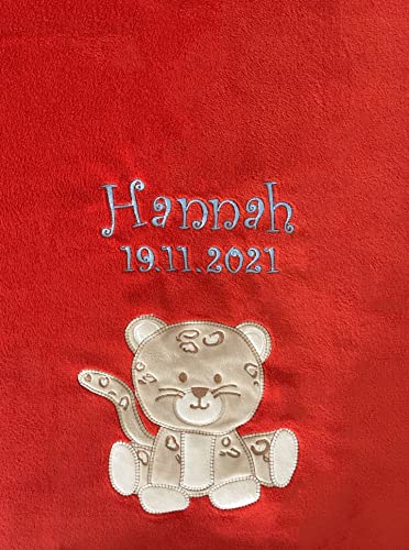 Babydecke mit Name und Geburtsdatum bestickt/kuschelig weich / 1A Qualität (Rot - Leopard)
