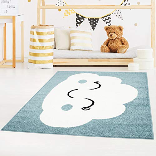 carpet city Kinderteppich Bubble Kids Flachflor mit Wolken-Motiv in Petrol-Blau für Kinderzimmer;...