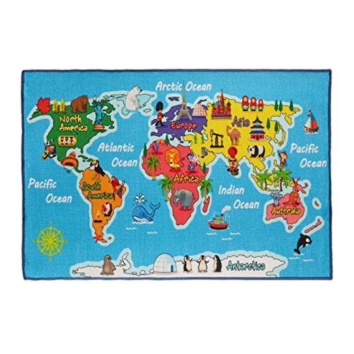 Relaxdays Kinderteppich Weltkarte, 150x100 cm Spielteppich, Kurzflor, Anti Rutsch Beschichtung, Tiere und Ozeane, blau, 1 Stück